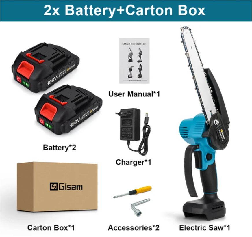 DIYCraftersHub 8" Inch Cordless Wood Cutter Chainsaw with 2x Power Batteries